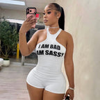 Women Clothing Autumn Sexy Letter Graphic Screen Printed Sleeveless Vest Slim Fit Short Romper HONEYBADGER