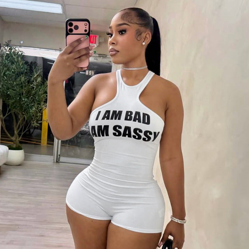 Women Clothing Autumn Sexy Letter Graphic Screen Printed Sleeveless Vest Slim Fit Short Romper HONEYBADGER