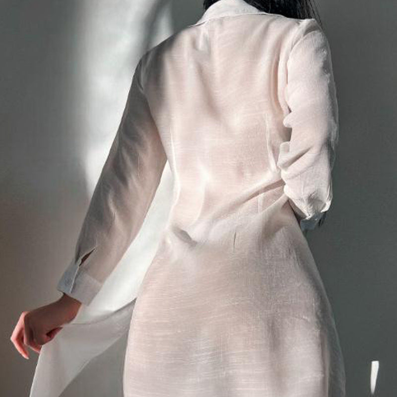 Vacation Sun Protection Shirt Long Sleeve Loose Solid Color V Neck Shirt Mid Length Ice Silk Blouse