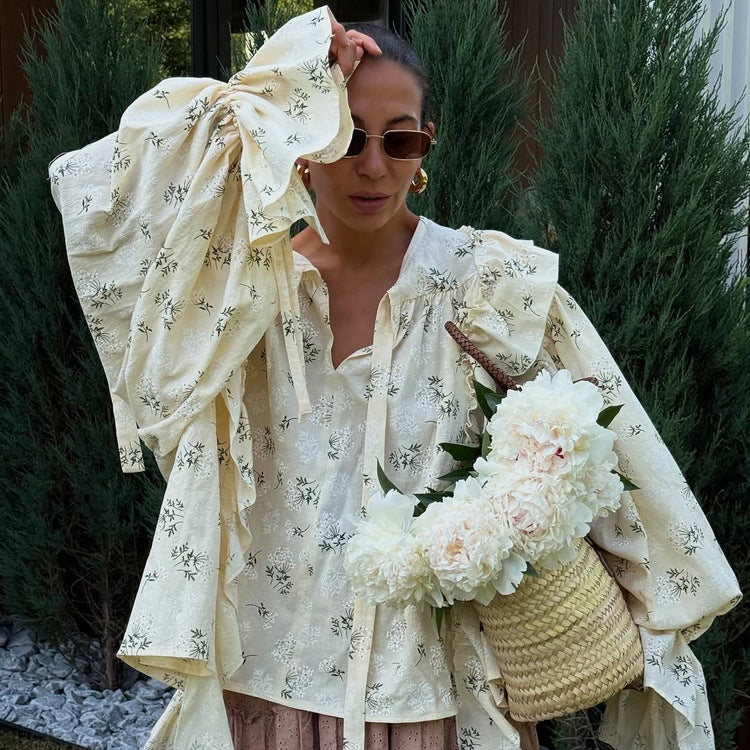 Camisa estampada con volantes y diseño francés para mujer, cuello redondo, mangas acampanadas, combina con todo, para oficina.