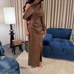 Spring Summer Elegant Retro One Shoulder Pleated Slim Slit Dress RMAI