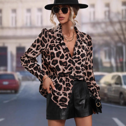 Women Clothing Satin Shirt Early Autumn Casual Leopard Print Sexy Long Sleeved Top