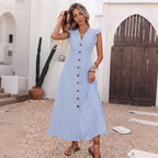 Long Shirt Dress Women Summer Blue Color Striped Flying Sleeve V neck Dress Jeme