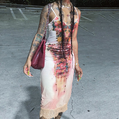 Personalized Printed Lace Lace Spaghetti Strap Dress Spring Slim Fit Maxi Dress