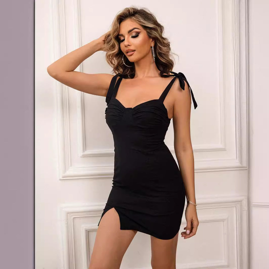 French Hepburn V Neck Strap Dress Summer Retro Split Waist Slimming Short Dress Women Clothing
