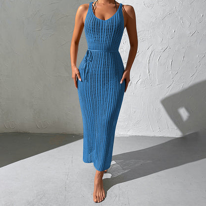 Vacation Beach Blouse Hollow Out Cutout Backless Knitted Dress Women Split Crochet hook