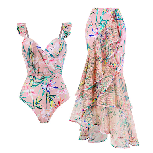 Traje de baño de una pieza con falda fina y sexy que cubre el vientre y el borde del vuelo conservador para mujer