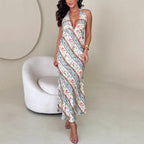Summer Sexy Printing Halter Backless V neck Dress Gemi