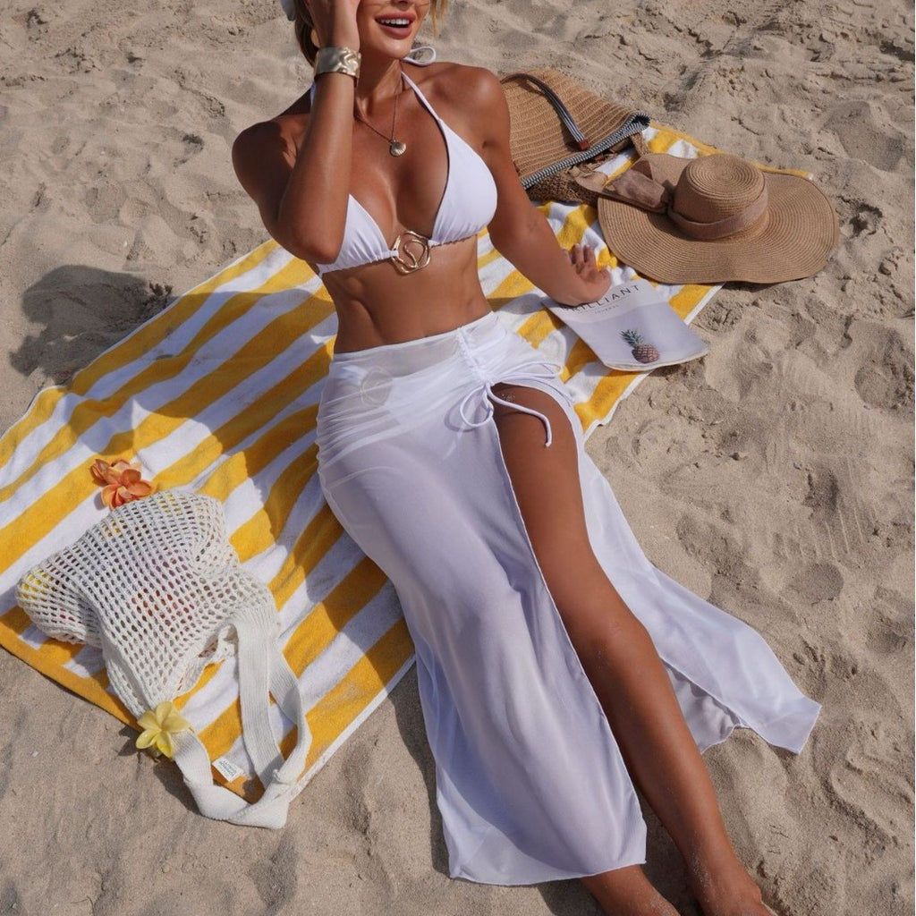 Solid Color Beach Sun Protection Tulle Skirt Sexy Three Piece Set Bikini Split Swimsuit SanYuva