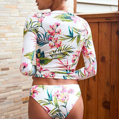 Bikini estampado de manga larga para mujer, traje de baño sexy dividido, estilo conservador y fresco