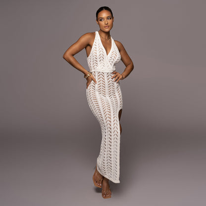 Women Clothing Hollow Out Cutout Out Camisole Dress Sexy Lady High Slit Knitted Beach Dress