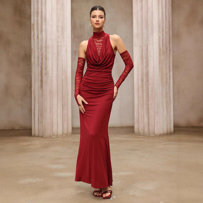 Slim Wine Red Dress Turtleneck off the Shoulder Long Sleeve Elegant Dress Lace Evening Dress