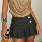 Retro Button Pleated Skirt Women Sexy Casual Street Low Waist Slimming Skirt LingSharp