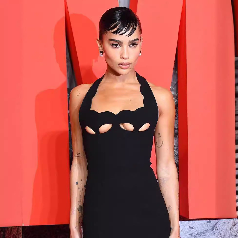 Retro French Black Dress Halter Cut out Advanced Sexy Inner Wear Spring Bandage One Piece Dress Sight