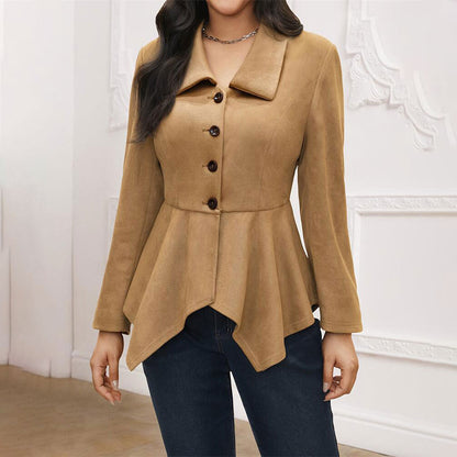 Elegant Office Collared Irregular Asymmetric Open Placket Suede Loose Long Sleeve Jacket Women Suede Trench Coat Rogan
