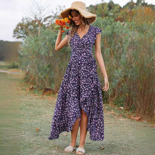 V neck Bohemian Vacation Slim Fit Tied Dress