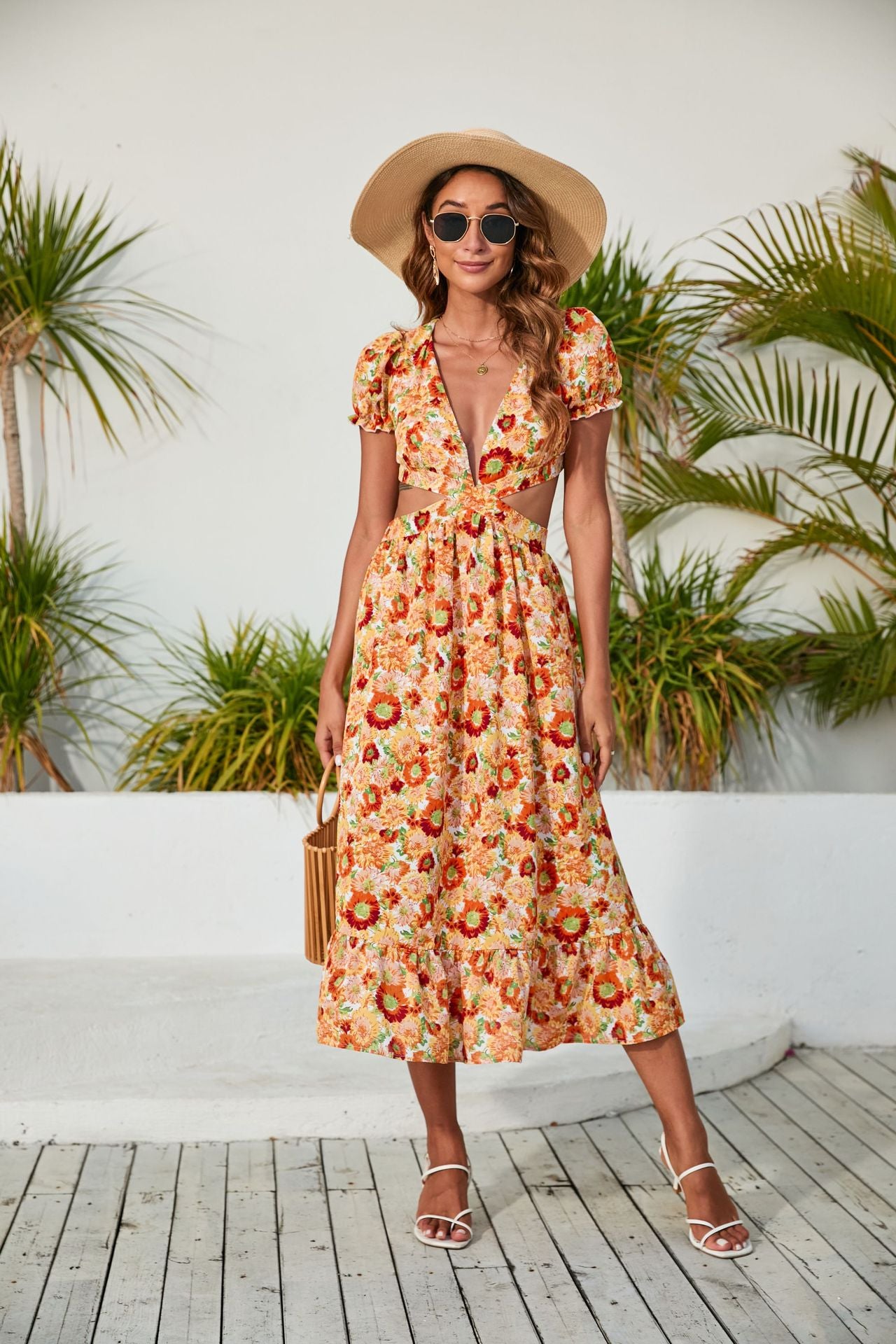 Spring Summer Women Clothing V Neck Printed Dress Backless Midi Dress Inly