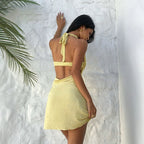 Summer Halter Backless Dress Metal Floral Decorations Slim Fit Slimming Vacation Hip Dress Yiskiss