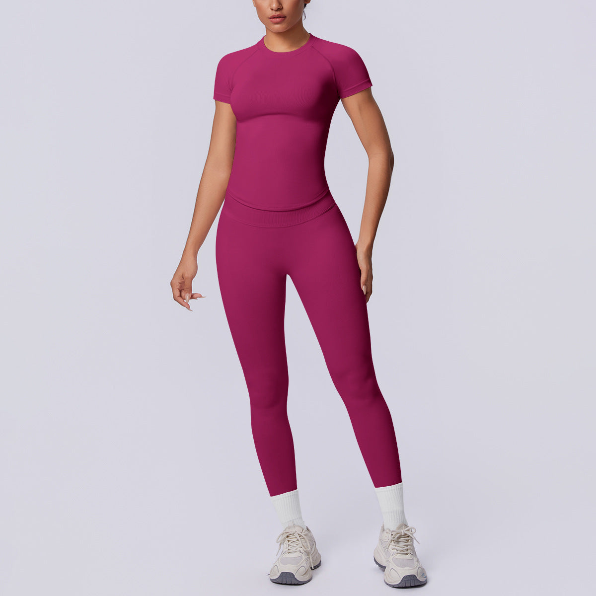 Seamless Knitted Short Sleeved Trousers Solid Color Three Section Waist Peach Hip Breathable Hip Raise Fitness Pants Yoga Set Women NESHA