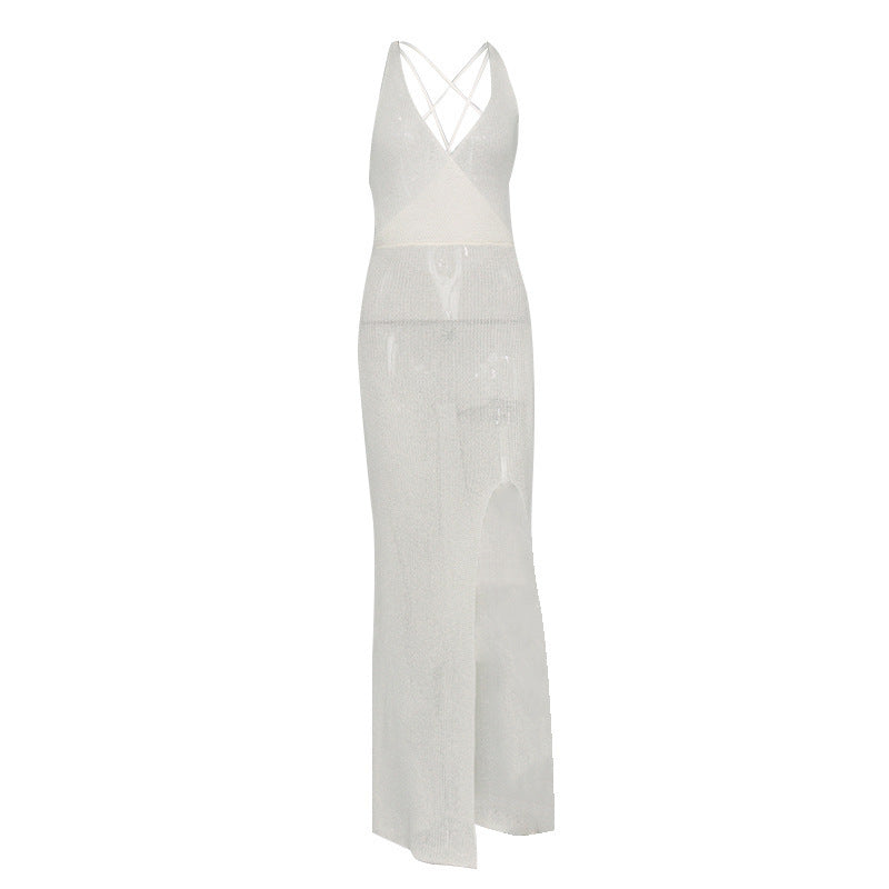 Sexy V neck Backless Lace up See through Beach Dress Bikini Smock Dress Strap Dress for Women Crochet hook Crochet hook Crochet hook