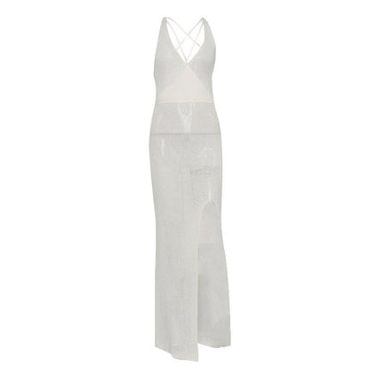 Sexy V neck Backless Lace up See through Beach Dress Bikini Smock Dress Strap Dress for Women Crochet hook Crochet hook Crochet hook