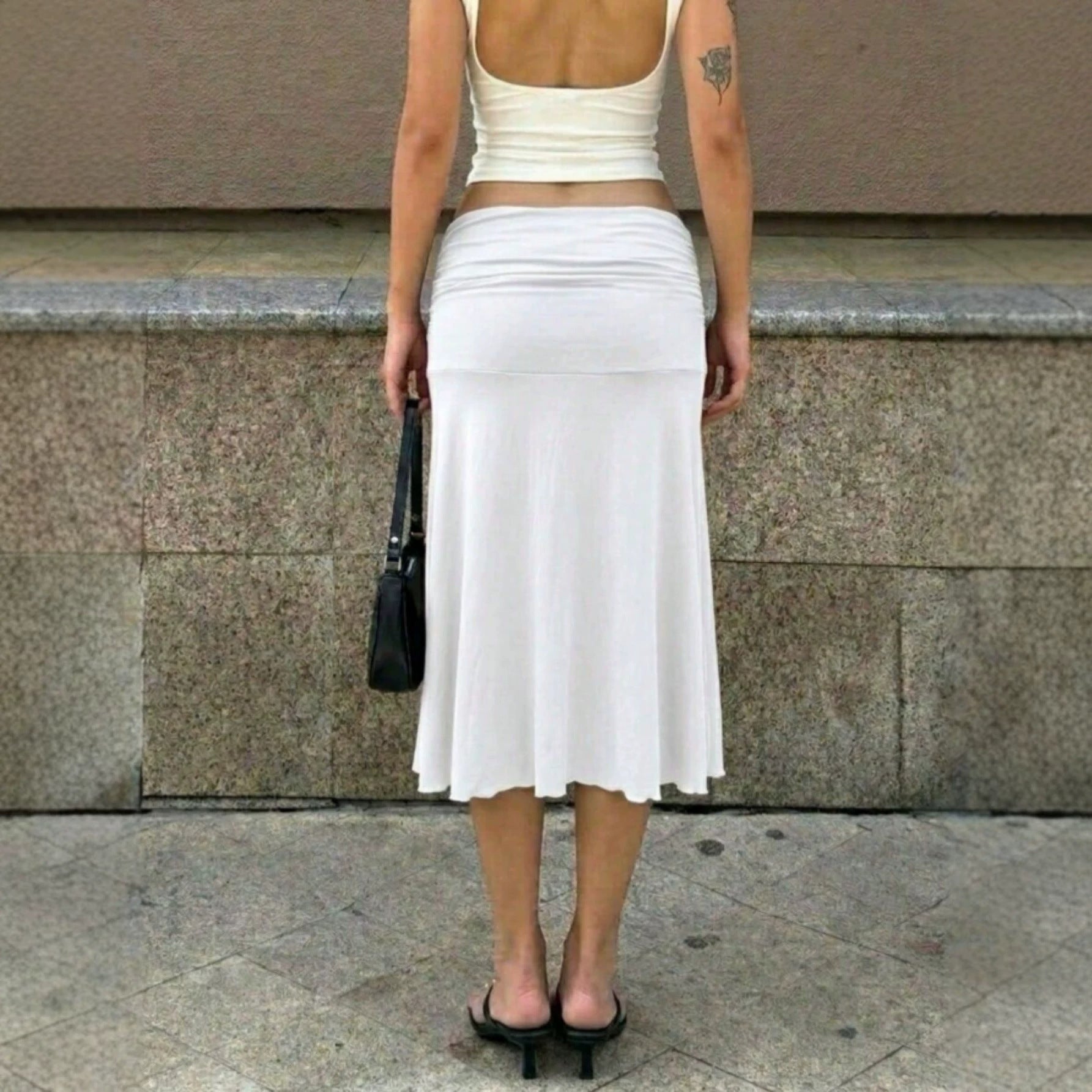 Pleated Solid Color Low Waist Waist Fishtail Midi Skirt YUni