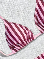 Striped Printed Bikini Triangle Cup Lace up Sexy Backless Split Bikini Swimsuit WithWind