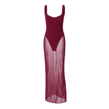 Vestido de tul con tirantes laterales, elegante, ajustado, largo y sexy, a la moda para mujer