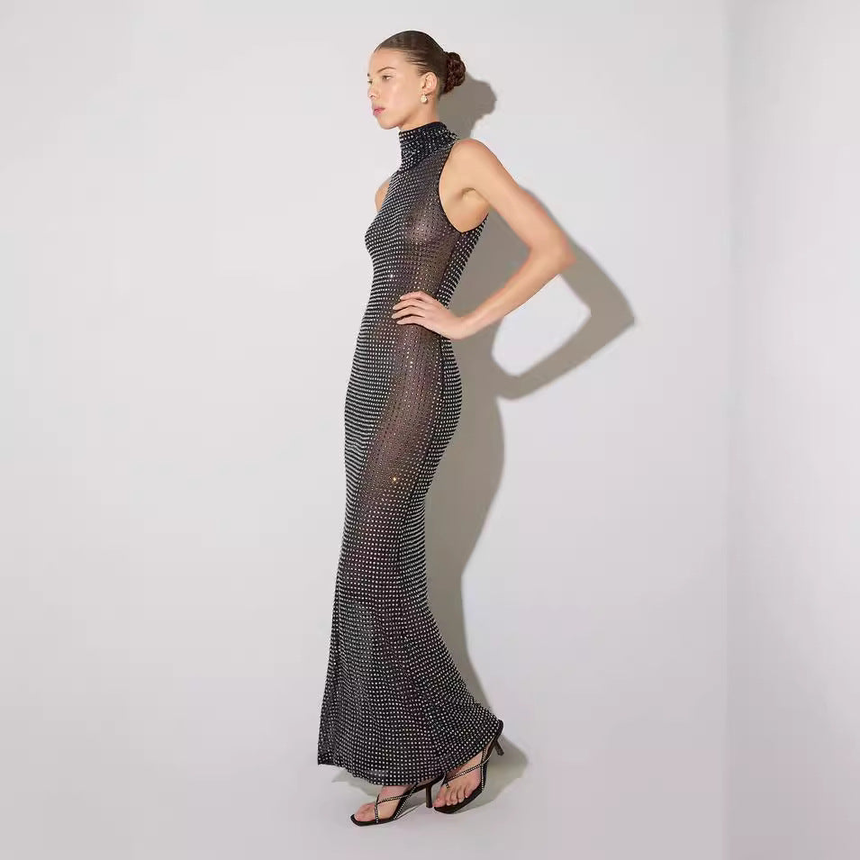 Summer Sexy Sheer Cutout Maxi Dress Mesh Rhinestone Sleeveless Maxi Dress Women KLEEZY