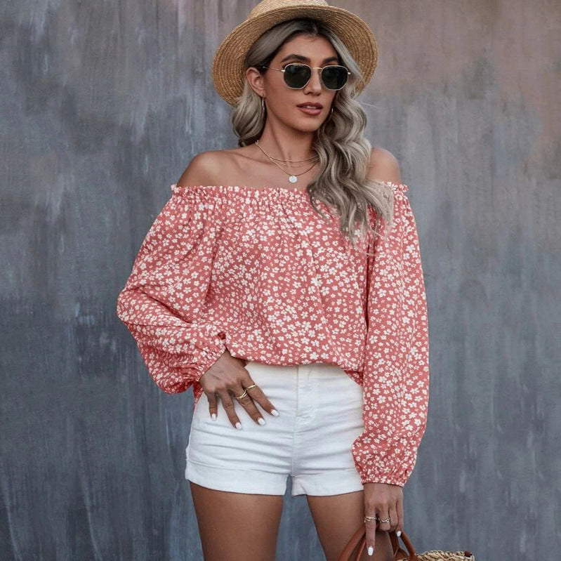 Camiseta holgada de manga larga con estampado de hombros descubiertos para mujer Otoño Invierno