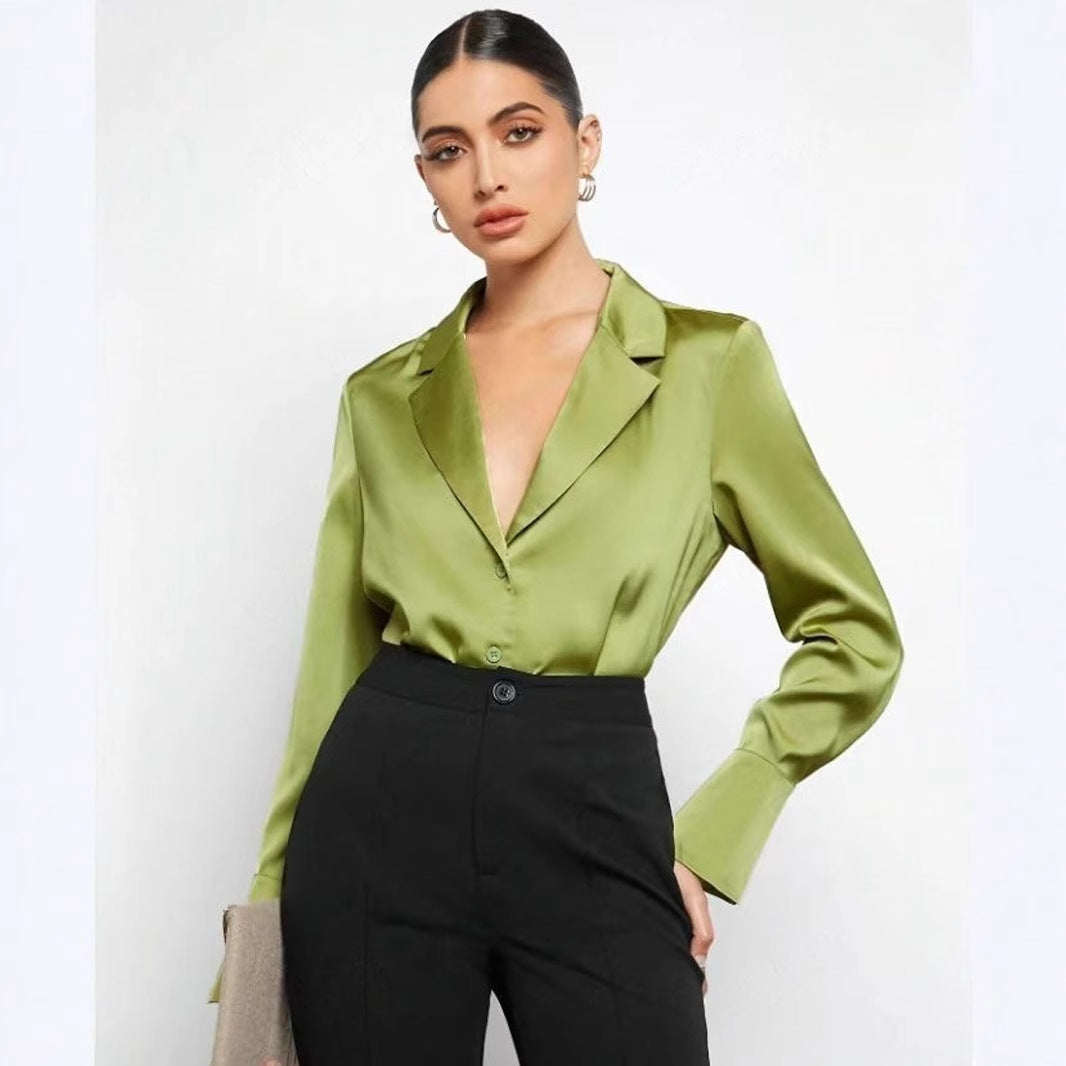 Chemise en satin imitation soie, collection printemps-été femme, style minimaliste, manches longues