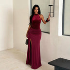 Halter Sequined Elegant Dress Sexy Split Pleated Dress for Women WHATOWEAR