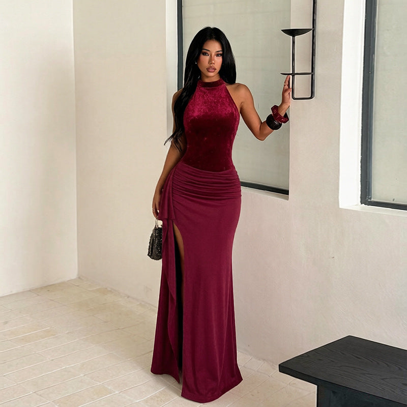 Halter Sequined Elegant Dress Sexy Split Pleated Dress for Women WHATOWEAR