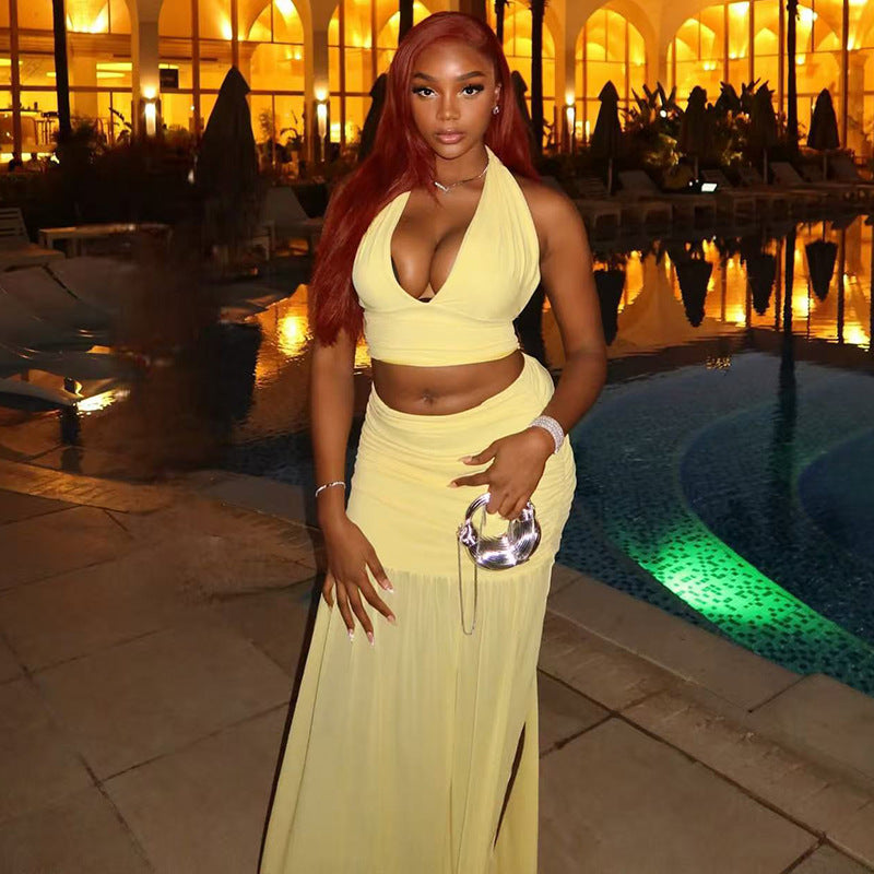 Solid Color Women V neck Sleeveless Skirt Set Halter Casual Package Hip Cropped Two Piece Sets Kinci