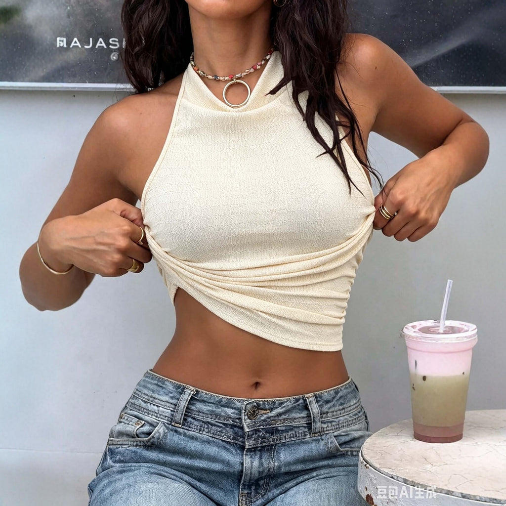 Textured Mock Neck Halterneck Vest For Women Waist Cinching Slim Backless Short Spicy Top Yiskiss