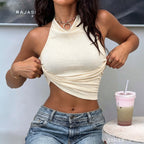 Textured Mock Neck Halterneck Vest For Women Waist Cinching Slim Backless Short Spicy Top Yiskiss