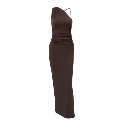 Women Clothing Summer Sexy Slant Shoulder High Waist Slim Fit Slimming Solid Color Sheath Dress