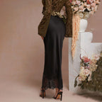 Jupe en satin avec dentelle et coutures apparentes, style mondain, vêtements pour femmes.