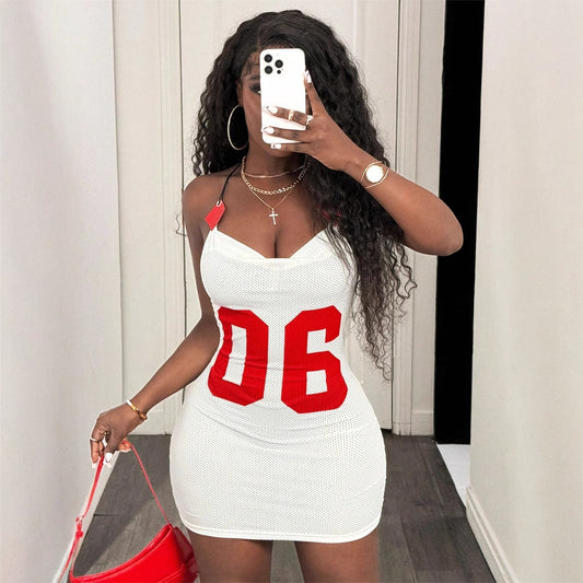 Women Clothes Sexy Personalized Mesh Printed Sling Leather Tube Top Backless Dress