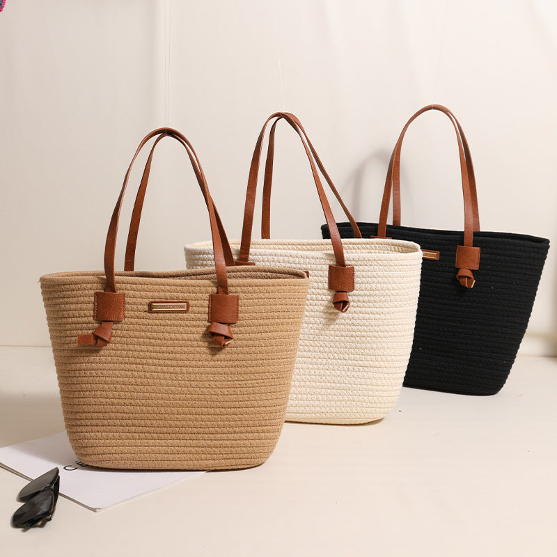 One Shoulder Cotton Thread Woven Bag Large Capacity Tote Straw Bag Vacation Beach Women Bag