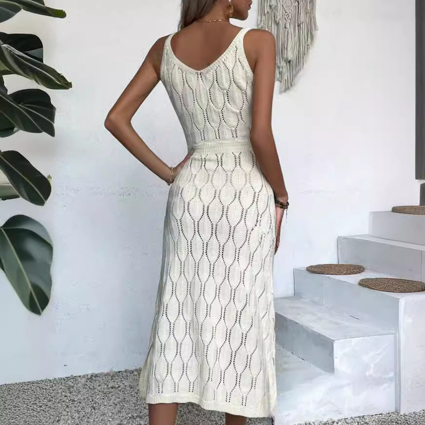 Spring Summer Sexy Hollow Out Cutout out See through Vacation Solid Color Backless Knitted Dress for Women MINODI