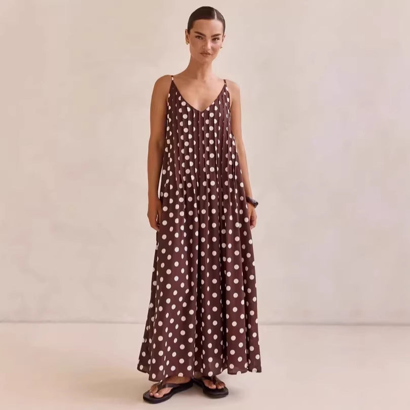 Spring Summer Dress Polka Dot Printed V neck Loose Big Hem Casual Dress Zemy