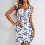 Summer Floral Dress Wide Shoulder Strap Flounced Sleeve Women Ruffled Printed Hip Dress Yiskiss