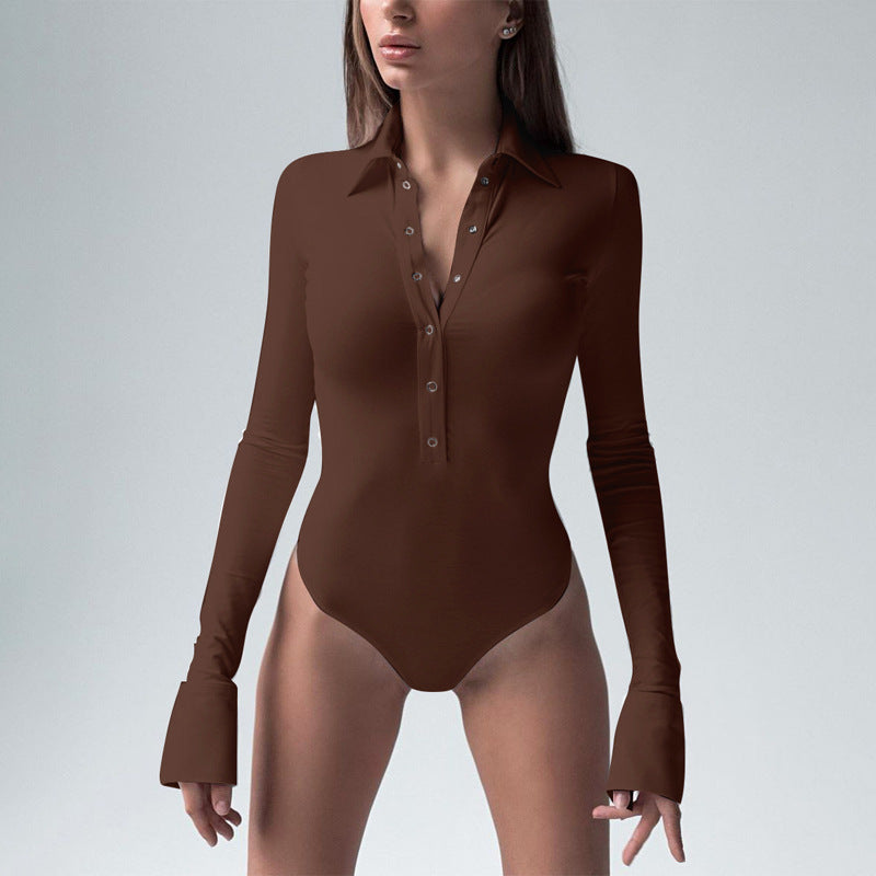 Body sexy slim à manches longues et col boutonné pour femme, tendance, automne-hiver