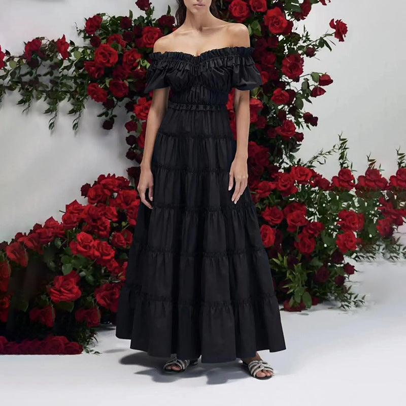 Sexy off Shoulder Summer Ruffled Collar Puff Sleeve Long Wing Dress Women BOCAS
