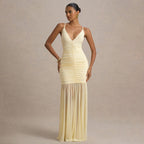 Elegant Straps Tulle Dress Sexy Deep V Plunge Pleated Stitched Backless Maxi Dress JULISSA
