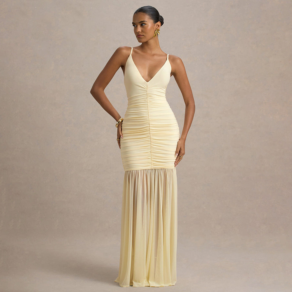Elegant Straps Tulle Dress Sexy Deep V Plunge Pleated Stitched Backless Maxi Dress JULISSA