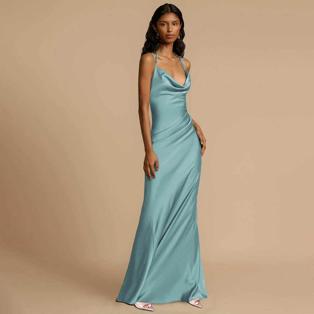 Women Clothing Spring Summer Sexy Backless Evening Dress Solid Color Swing Collar Dress BULLINGER
