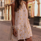 Halter Lace up Sleeveless Dress Fresh Sweet Agree Pattern Stitching Loose Dress EBELIAN