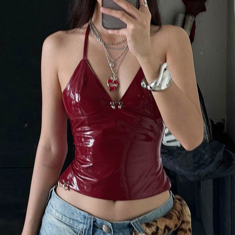 Wine Red Retro Sexy Faux Leather Camisole Top Personality Street Backless Halter Lace up Zip Vest LingSharp